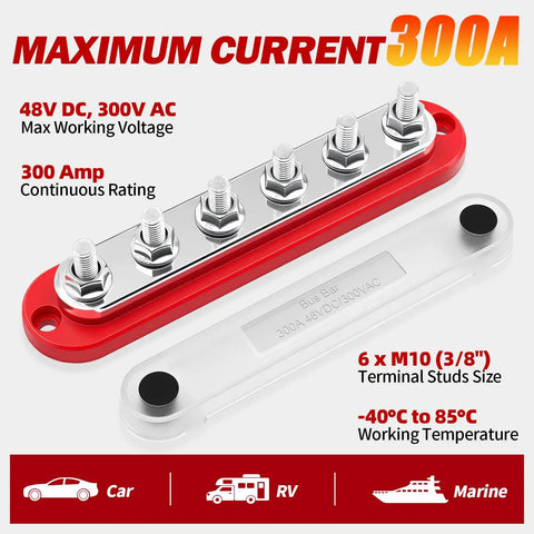 Beefy Marine Grade 300 Amp 12V Bus Bar With 3 Eighth Inch Studs Power Distribution Block With Cover For Boat Battery Wiring Positive And Negative Terminals Automotive And Solar Use Pack Of 2 red and clear bus bars