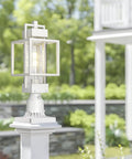 Dusk To Dawn Outdoor Post Light With Pier Mount Base, White Weatherproof Lantern For Yard, Auto On Off Sensor in garden.