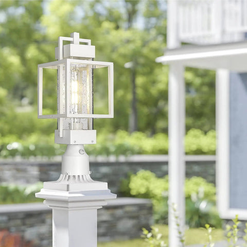 Dusk To Dawn Outdoor Post Light With Pier Mount Base, White Weatherproof Lantern For Yard, Auto On Off Sensor in garden.