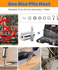 Image showing Universal Socket Wrench Kit With Power Drill Adapter, 54 Pin Spring Socket Set Fits Standard Nuts From Quarter Inch To Three Quarter Inch And Seven To Nineteen Millimeters, Great Fathers Day Gift For Dad Husband DIYer Stocking Stuffers, illustrating versatility with various tool uses.