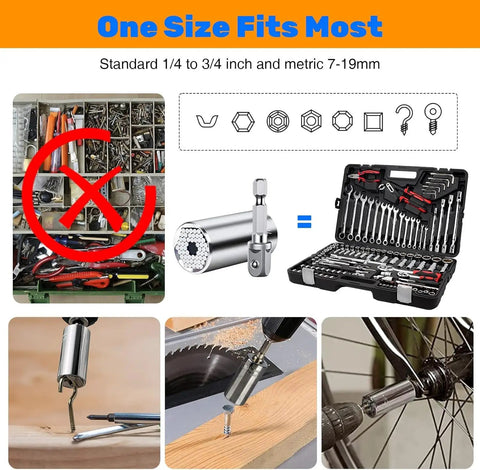 Image showing Universal Socket Wrench Kit With Power Drill Adapter, 54 Pin Spring Socket Set Fits Standard Nuts From Quarter Inch To Three Quarter Inch And Seven To Nineteen Millimeters, Great Fathers Day Gift For Dad Husband DIYer Stocking Stuffers, illustrating versatility with various tool uses.