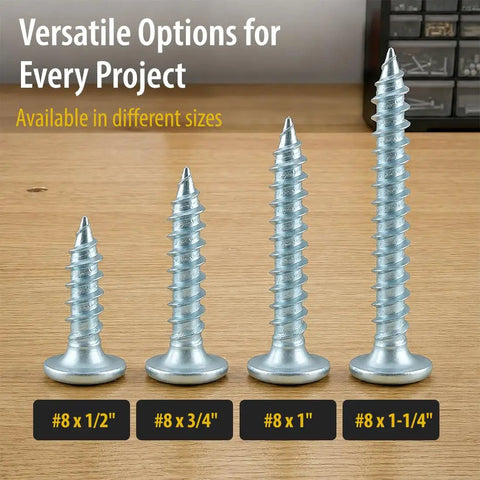 Premium Zinc Plated Wood Screws Featuring Truss Head And Phillips Drive For Smooth Power Drill Installation Badass Eight By Half Inch Fasteners For Indoor Carpentry Rock Solid Steel 100 Pack sizes from 1/2 to 1-1/4 inches