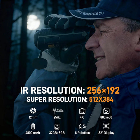 Man using Thermal Monocular For Night Hunting And Wildlife Watch, 256x192 Sensor With Super Resolution To 512x384