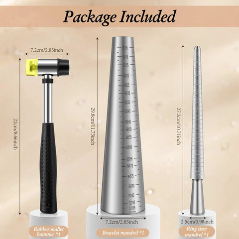 Complete Jewelry Sizer Kit With Ring Mandrel And Bracelet Mandrel Rubber Hammer And Stainless Steel Sizers displayed