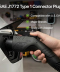 Beefy 40 Amp Level 2 J1772 EV Charger Replacement Cable shown charging an electric vehicle, close-up.