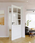 36 By 80 Inches Clear Glass Slab Interior Door With Six Lite Look For Living Room Pantry Laundry Closet Pre Finished Paintable Single Panel Door Prehung Pocket Bifold Barn Shaker Style Door Without Hardware, installed in living room showcasing six-lite design.