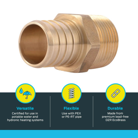 Brass Crimp Male Reducing Adapter 1 Inch To Three Quarters Inch MNPT For Pex Pipe To Copper FNPT Connections Plumbing Fitting