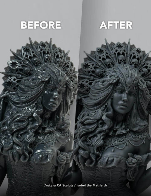 Comparison of 3D printed statues before and after using Game Changer 360 Degree UV Curing Station for high-quality finishes