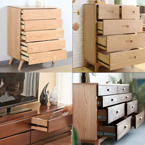 Heavy Duty Ball Bearing Drawer Slides Full Extension Three Section Runners on drawer unit with natural wood finish and smooth operation.