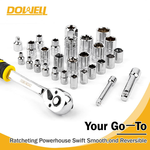 All In One 228 Piece Mechanic Tool Set With Socket Wrench Auto Repair Kit in Durable Chrome Pro Grade Hand Tools displayed