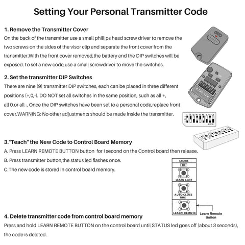 Instruction guide for setting Upgraded 318MHz Gate Opener Remote With 9 DIP Switches For Mighty Mule Systems.