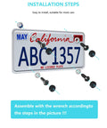 Installation of Anti Theft License Plate Screws Stainless Steel Rustproof Bolts for Car Tag Frame with chrome caps shown on license plate.