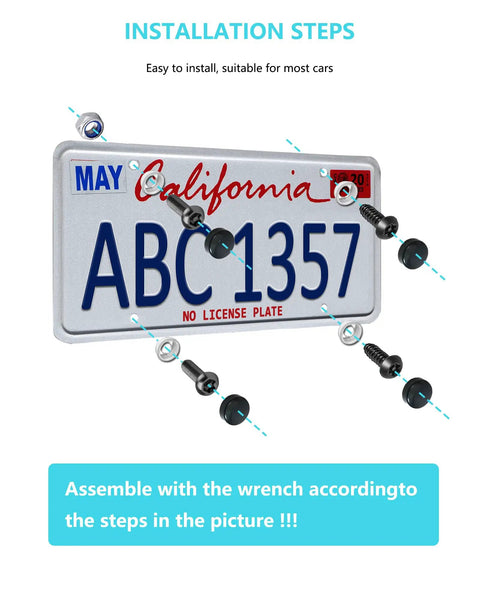Installation of Anti Theft License Plate Screws Stainless Steel Rustproof Bolts for Car Tag Frame with chrome caps shown on license plate.