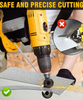 Person using Electric Drill Plate Cutter Attachment For Cutting Metal Plates 0.8mm on steel sheet with drill handle