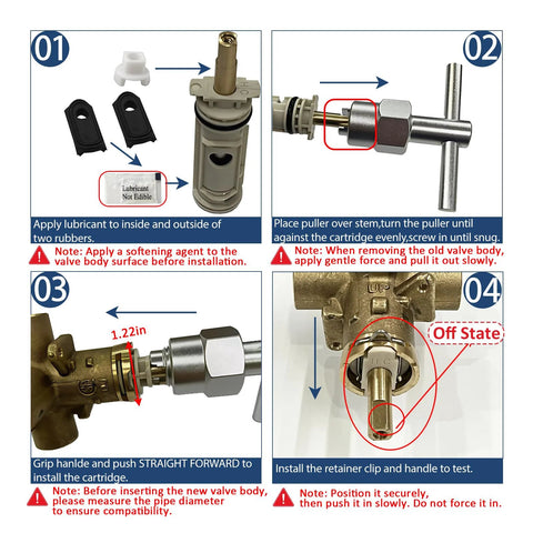 PLISPARK Universal 1222 Moen cartridge kit with removal tool and handle adapter; installation steps