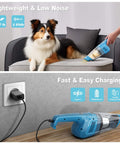 Power Packed Cordless Handheld Vacuum With 14500 Pa Suction, Brushless Motor, Rechargeable And Portable Car Home Office Cleaner for pet hair on a couch and charging details.