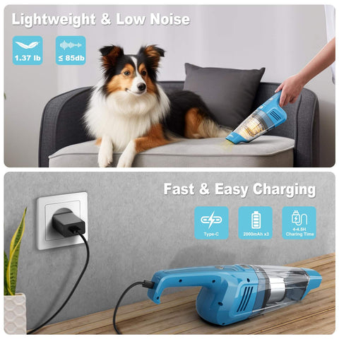 Power Packed Cordless Handheld Vacuum With 14500 Pa Suction, Brushless Motor, Rechargeable And Portable Car Home Office Cleaner for pet hair on a couch and charging details.
