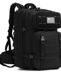 Built Tough Tactical Backpack For Men 46L Water Resistant Military Pack With MOLLE System, black with multiple compartments and straps.