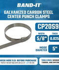 Center Punch Clamp Five Eighths Inch Wide 0.025 Inch Thick Five Inch Diameter 201 Stainless Steel Box Of 25 High Strength Corrosion Resistant Clamp For General Maintenance And Emergency Field Repairs.