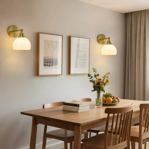 Feasey Vintage Milk Glass Globe Wall Sconce, Mid Century Ribbed Glass Light illuminating a dining area with artwork.