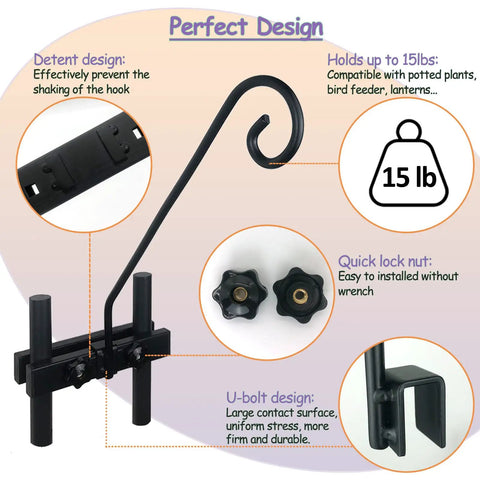 Solid As A Rock Heavy Duty Deck Hooks For Hanging Flower Baskets Bird Feeders And String Lights Zero Hassle Setup Fits Like A Glove On Any Rail Holds Up To 15 Lbs Built Tough, showcasing design features and weight capacity.