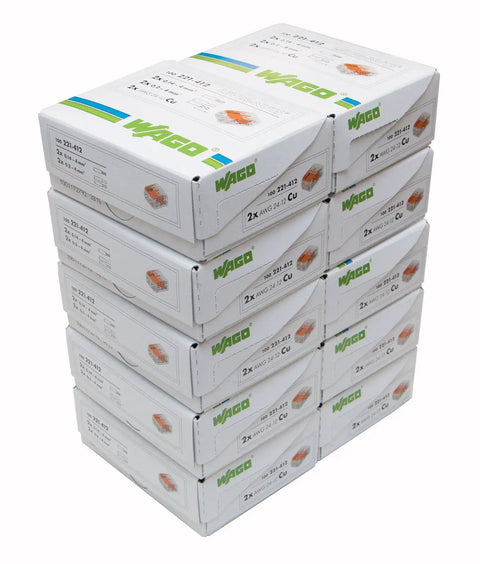 Stacked boxes of 100 WAGO 2 Conductor Compact Wiring Nuts, clear housing for quick copper termination, reliable electrical supplies.