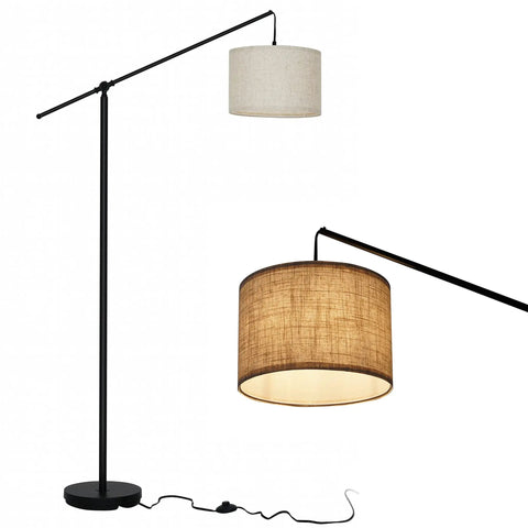 Arc Floor Lamp With Cantilever Arm For Couch And Reading Nook, Adjustable Height, Natural Linen Drum Shade, Matte Black Metal Pole, Foot Switch