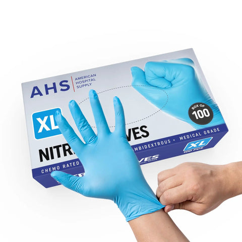 Heavy Duty Chemo Rated Nitrile Exam Gloves In X Large Fit With 1000 Powder Free Count shown being worn from a box.
