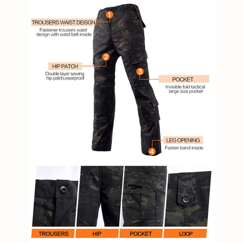 Kickass Mens Tactical Jacket And Pants Set Windproof Military Hunting ACU Uniform Suit Lightweight Moisture Wicking Rugged back view of tactical pants showing design, pockets, and fasteners.