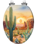 Elongated Resin Toilet Seat for Bathroom with cactus design, sunset landscape, suitable for standard toilets.