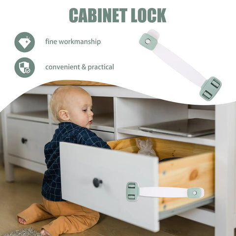 Child playing near cabinet with Five Pack Kid Proof Cabinet Locks With ABS Material 360 Degree Rotating Latch Double Press Buckle Safety Design Durable Texture Reliable Childproofing For Drawers And Refrigerator Doors installed