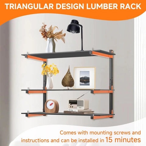 Hella Strong Wall Mounted Lumber Rack Six Pack Wood Storage Organizer Built Tough 1080 Pound Capacity showcasing a modern triangular design.