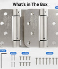Heavy Duty 4 Inch Satin Nickel Self Closing Door Hinges Featuring Tough As Nails Adjustable Tension and Knockout Auto Close Action for Breezy Exterior or Interior Door Swaps Without All The Fuss, showing 2 hinges and installation screws.