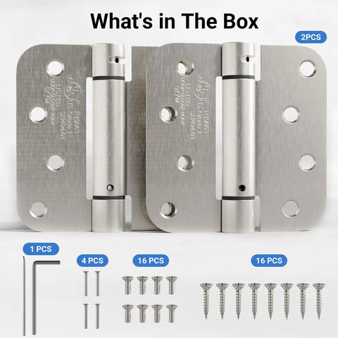 Heavy Duty 4 Inch Satin Nickel Self Closing Door Hinges Featuring Tough As Nails Adjustable Tension and Knockout Auto Close Action for Breezy Exterior or Interior Door Swaps Without All The Fuss, showing 2 hinges and installation screws.