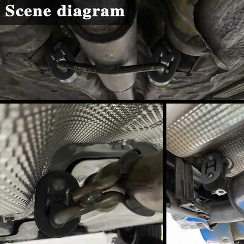 2 Pack Exhaust Hanger Rubber With 2 Holes Adjustable Insulator attached to vehicle exhaust pipes under chassis