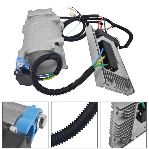 Universal A C Electric Compressor 20Cc Per Stroke 12 Volt Auto Truck Bus Air Conditioning R134a with wiring and aluminum block.