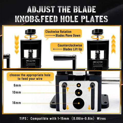 2 In 1 Wire Stripper Machine Drill Powered And Hand Crank For 1 Mm To 16 Mm Wires showing blade adjustment and wire feed holes