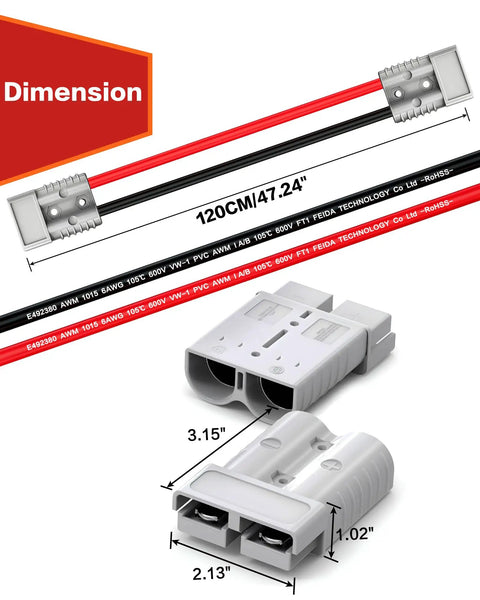 175A Anderson Battery Connector Plug With 6 AWG Cable shown with dimensions and details for forklift and trailer harness