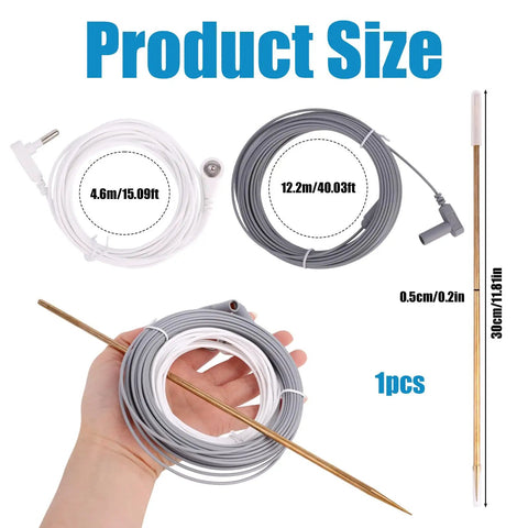 Copper Grounding Rod Kit With 40 Foot Female Cord And 15 Foot Male Wire for earthing, showing rod and cords on hand