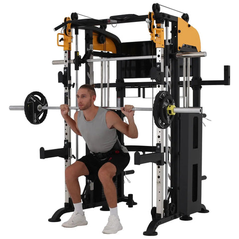 Man using All In One Home Gym System With Smith Machine And Adjustable Lever Arms 2 To 1 Pulley Ratio Commercial Grade Squat Rack.