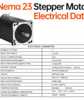 Front view of Nema 23 stepper motor with black housing and silver faceplate; electrical data chart visible.