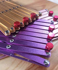 Aluminum Expanding Sewing Gauge Five In One Button Spacing Tool With Sliding Gauge Measuring Set Gold Finish For Fast Pro Button Placement Pleats Hooks And Dress Details, purple and gold