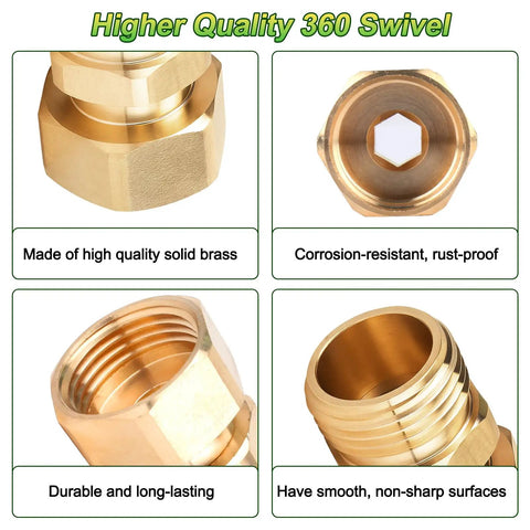 Three Quarter Inch Garden Hose Swivel Connector 360 Degree Female To Male Brass Adapter With PTFE Tape And Washer Prevents Tangles Easy Watering For Quick No Fuss Setup, solid brass
