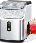 Nugget Ice Maker Countertop Portable Chewable Pellet Ice Machine With Auto Cleaning Function 34 Lbs Per 24 Hours Durable Stainless Steel Body For Kitchen Office And Home Use Silver, with filled ice storage and drink.