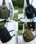Compact Fishing Sling Bag With Rod Holder And Tackle Storage Water Resistant Nylon Crossbody Pack for anglers shown in use.