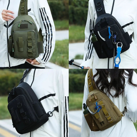 Compact Fishing Sling Bag With Rod Holder And Tackle Storage Water Resistant Nylon Crossbody Pack for anglers shown in use.