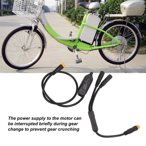 Image of ebike with Gear Sensor Cable With 1T2 Brake Splitter For Bafang Mid Mount Motor Crisp Shifts Upgrade displayed.