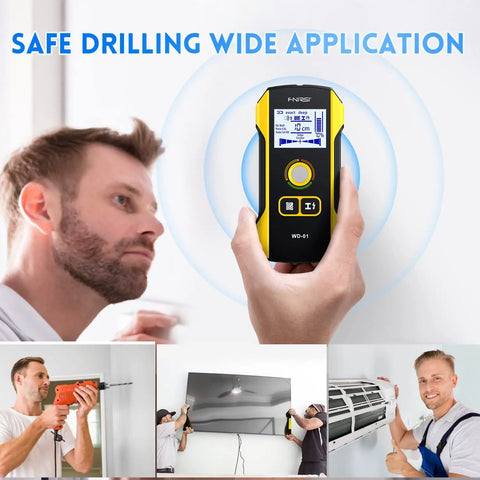 Man using 6 In 1 Wall Stud Finder And Detector for center and edge on wood, metal studs, pipes, and live AC wires scans.