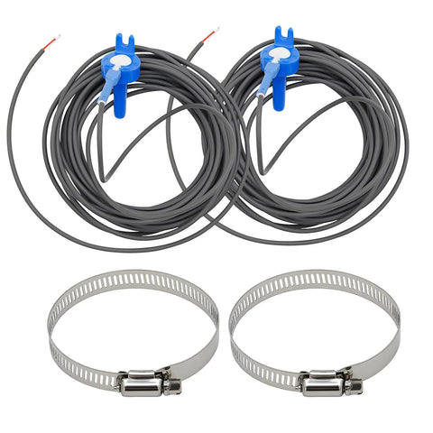 Front view: Two MEFONKOU temperature sensors on 20 ft gray cables with blue heads and stainless hose clamps (2-pack)