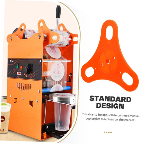 4 Pack Cup Sealing Machine Guard Stopper Roll Film Stopper Sealing Plate Easy Install Accessory for Cup Sealer Machines Plastic Spare Part for Beverages Kitchen and Food Service, shown with an orange stopper plate and manual cup sealer.